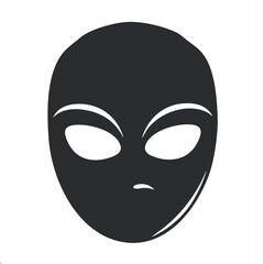 A minimalist black alien face illustration featuring large eyes and a simple design.