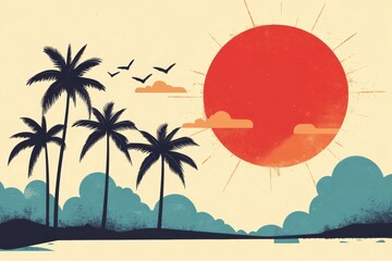 The illustration is a modern simple flat depiction of summer vacation, tropical hotel, geometric summer pattern and banner, sun travel, and landscape with island scenery