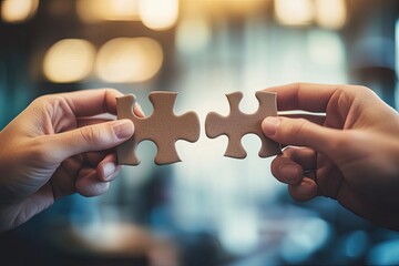 Two hands connecting puzzle pieces. (6)