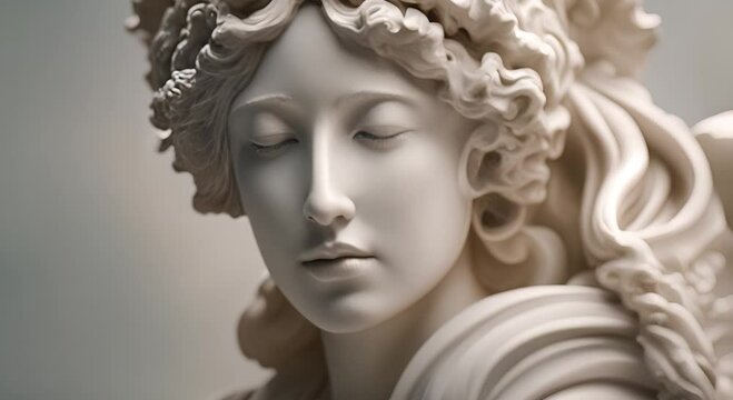 A detailed close up of a serene marble sculpture face with natural textures evoking timeless artistry and tranquility 4K