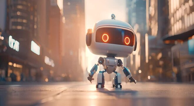 A cute mini robot with glowing eyes and a cheerful expression pointing in a futuristic city setting 4K