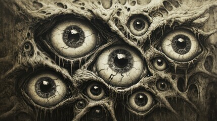 A collection of many eyes set within a disturbing fleshy frame