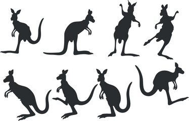 A collection of kangaroo silhouettes showcasing various poses and movements ideal for design and illustration.