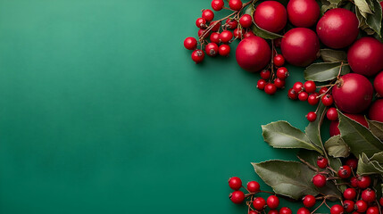 Red Christmas Ornaments On Green Background