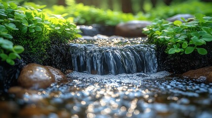 Close-up view of a gentle waterfall cascading over mossy rocks, sunlight reflecting on the rippling water of a pristine stream