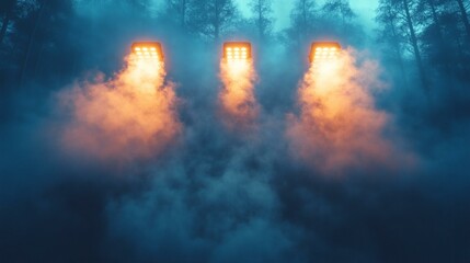 Fototapeta premium Bright floodlights shine through fog, illuminating a mystical forest with warm, glowing light, creating an eerie, ethereal atmosphere