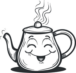 A cheerful cartoon teapot with a smiling face and steam rising, perfect for kitchen themes.