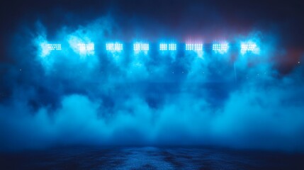 Bright floodlights in a large stadium shining through a thick layer of blue smoke creating an energetic atmosphere