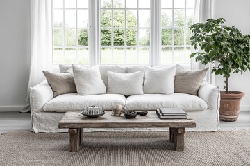 Serene Linen Sofa in Sunlit Room.