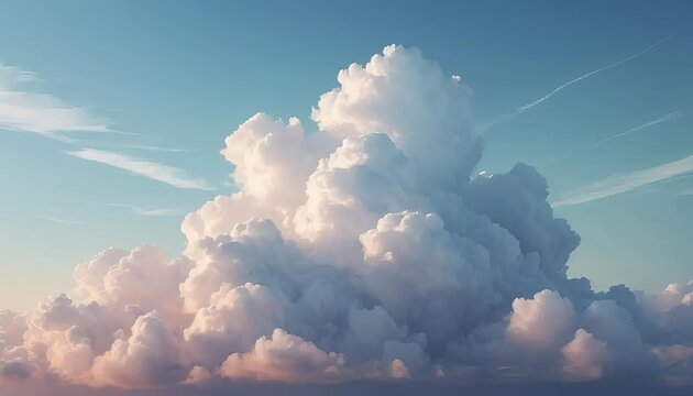 A fluffy cumulus cloud formation against a light blue sky with faint contrails visible above it - Powered by Adobe