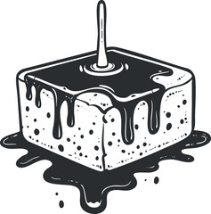 A detailed illustration of a melting chocolate block with dripping syrup.