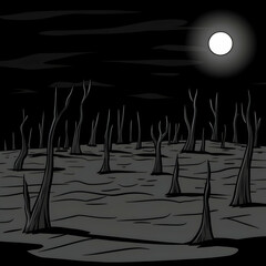 Moonlit swamp, barren trees, dark night, atmospheric illustration, perfect for fantasy or horror