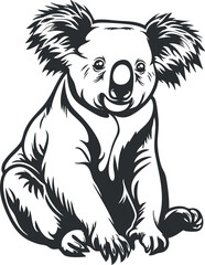 A cute black and white illustration of a sitting koala, showcasing its distinctive features and playful nature.