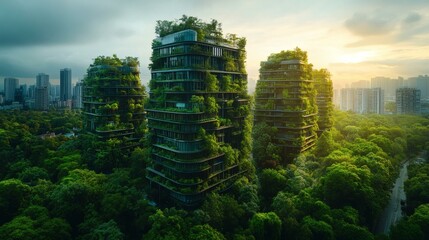 Obraz premium Futuristic eco-city with green buildings harmoniously integrated with nature, showcasing sustainable architecture and a lush urban landscape