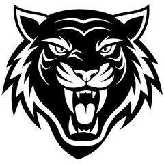 Fototapeta premium Roaring Tiger Head: A fierce and powerful black and white illustration of a tiger's head, showcasing its sharp teeth and intense gaze. The image evokes a sense of strength, dominance and wildness.