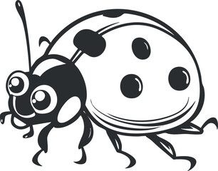 A cute cartoon ladybug with large eyes and a playful expression crawling on a surface.