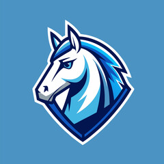 Equine Emblem: A stylized illustration of a horse head, showcasing its strength and grace. Featuring a minimalist design with dynamic blue and white colors, against a soft blue backdrop. 