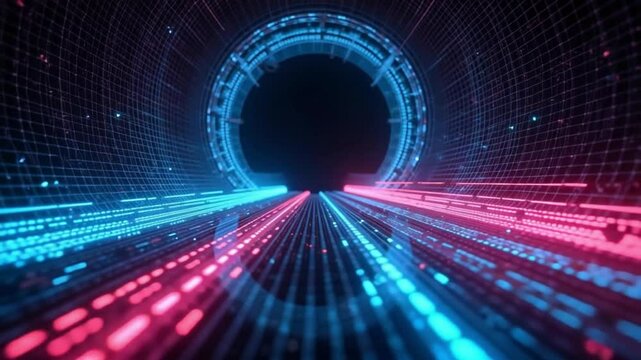 Abstract digital technology design features a glowing blue binary code tunnel illustration with a futuristic motion pattern