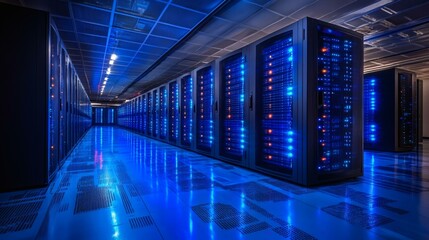 Modern Data Center with Rows of Illuminated Server Cabinets for Computing and Networking