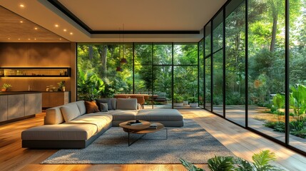 Luxury open-plan living room and kitchen interior with natural light and garden view.