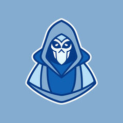 Mysterious Figure in Blue: A stylized illustration presents a mysterious cloaked figure, its face concealed behind a mask, the cool tones of blue and white creating an enigmatic atmosphere.