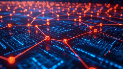 Obraz premium Abstract Technology Network: Interconnected Nodes on Circuit Board with Glowing Orange Connections for Data Transmission and Moder