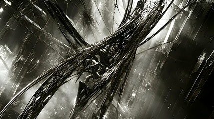 Abstract metallic structure, futuristic city background, digital art, sci-fi illustration, suitable for tech concepts
