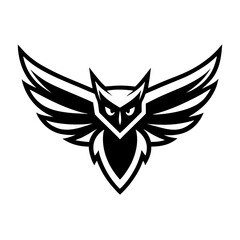 Owl emblem: A striking owl emblem, poised with open wings in a graphic, symmetrical design of black and white, representing wisdom, freedom, and intelligence.