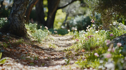Fototapeta premium Sunlit Path Through Lush Garden With Flowers