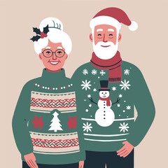 elderly couple smiling in holiday sweaters against neutral background  