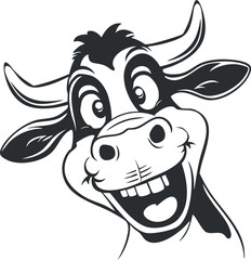 A cheerful cartoon cow with a big smile and playful expression, ideal for farm-themed designs.