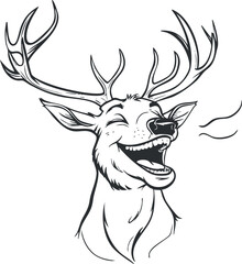 A whimsical illustration of a smiling deer with impressive antlers in a playful style