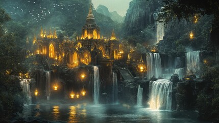 Fototapeta premium Illuminated temple complex cascades over waterfalls surrounded by green forests