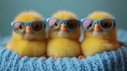 Three adorable yellow chicks wearing trendy blue sunglasses, nestled in a soft, cozy, knitted blue blanket, against a light blue background