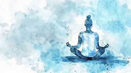 Watercolor girl in meditation pose. Banner for international yoga day. Festive clipart for design