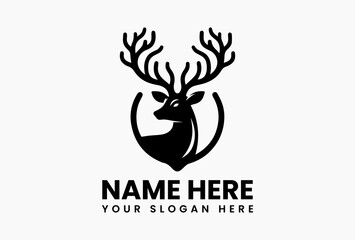 Bold black stag head silhouette with ornate antlers, elegant wildlife logo for luxury brands and outdoor apparel