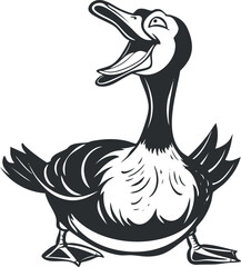 A playful cartoon illustration of a smiling duck with exaggerated features and a comical expression.
