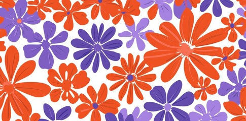 The seamless pattern combines simple floral motifs in a naive wavy and groovy style, reflecting an ocean and vacation theme with floral botanic elements, including hand drawn flowers and plants,