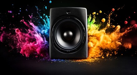 A striking representation of sound waves emanating from a speaker, depicting music in a vivid and graphic form, unfolding from the speaker to illustrate the power and allure of audio