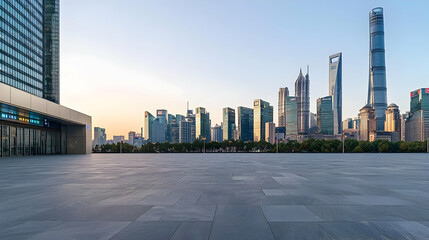 Obraz premium Empty Plaza In Modern City Skyline At Dawn
