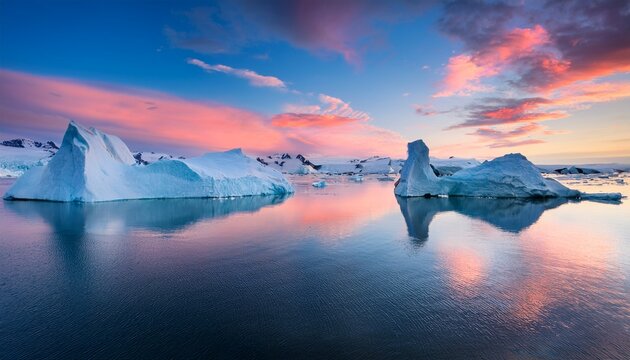majestic icebergs reflected in calm water under a vibrant pink and blue sunset sky in an arctic landscape