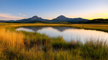 Obraz premium Golden Meadow Reflecting Mountains At Sunrise