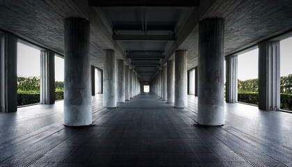 Long Dark Concrete Corridor with Pillars