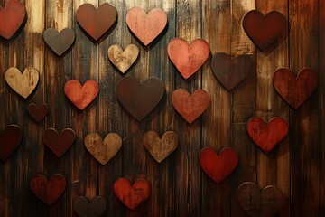 Obraz premium Wooden Wall with Arranged Heart-Shaped Decorations