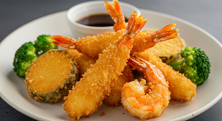 Crispy shrimp tempura with vegetables and dipping sauce  Japanese cuisine
