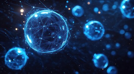 Abstract representation of luminous spheres connected by networked pathways