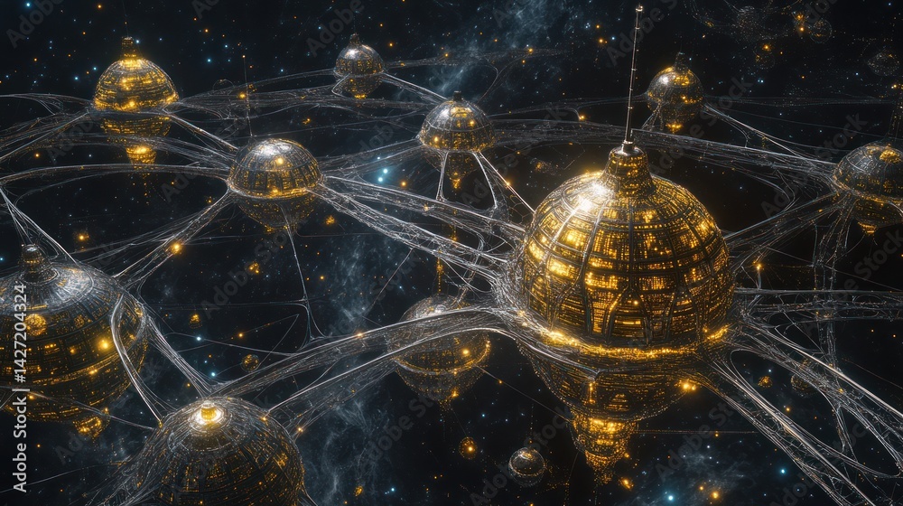 Wall mural futuristic space stations connected by intricate webs of glowing pathways