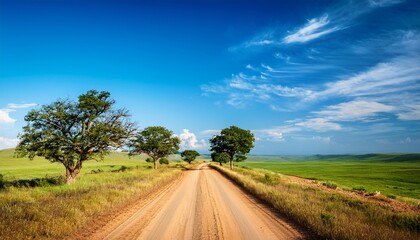 Fototapeta premium rural landscape trees on the dirt road and blue sky