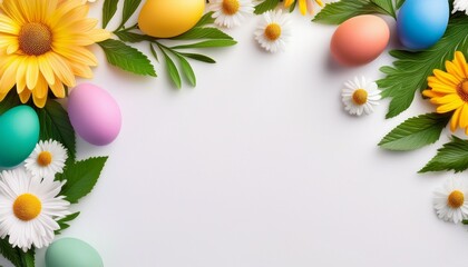 a white backdrop with an easter design featuring daisies fresh leaves and vibrant eggs at the top