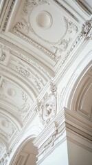 Ornate white ceiling with detailed architectural moldings and arches